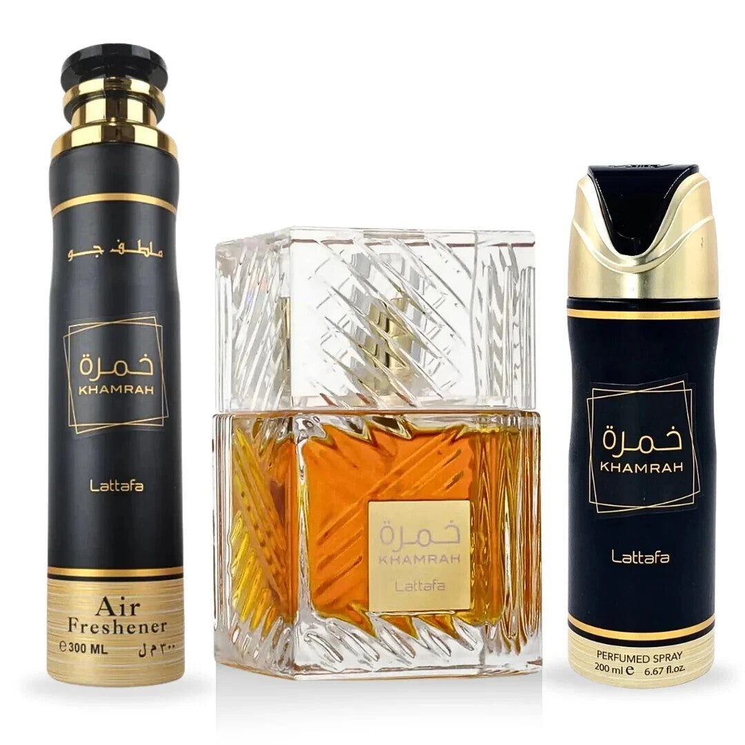 Lattafa Khamrah Gift Set: Unisex Oriental-Spicy Fragrance with Body Spray & Air