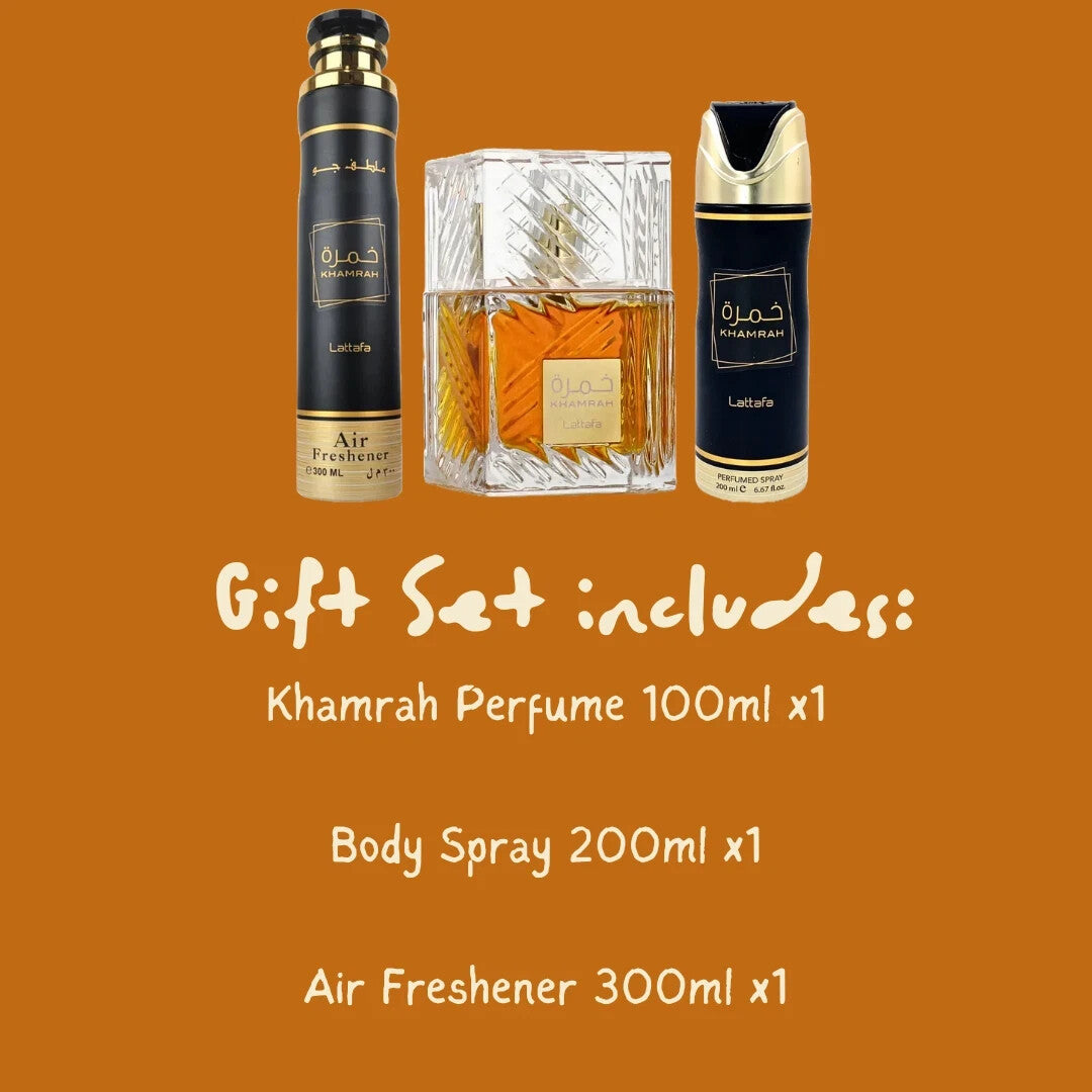 Lattafa Khamrah Gift Set: Unisex Oriental-Spicy Fragrance with Body Spray & Air