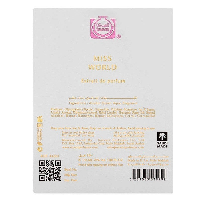 Surrati Miss World Extrait De Parfum 150ml Perfume Long Lasting Scent For Women